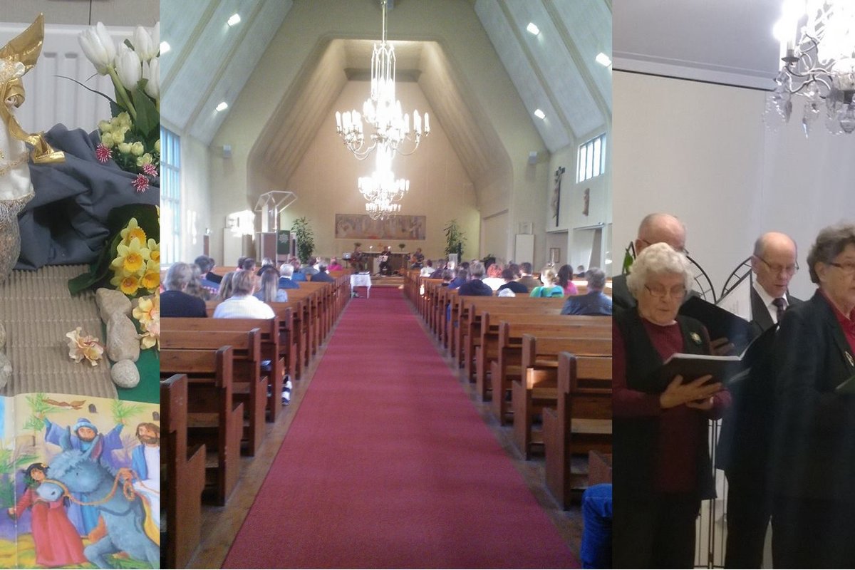 Kuvakollaasi: vasemmalla päiväkerhon alttari, keskellä kuva konsertista kirkossa, oikealla seurakuntakuoro